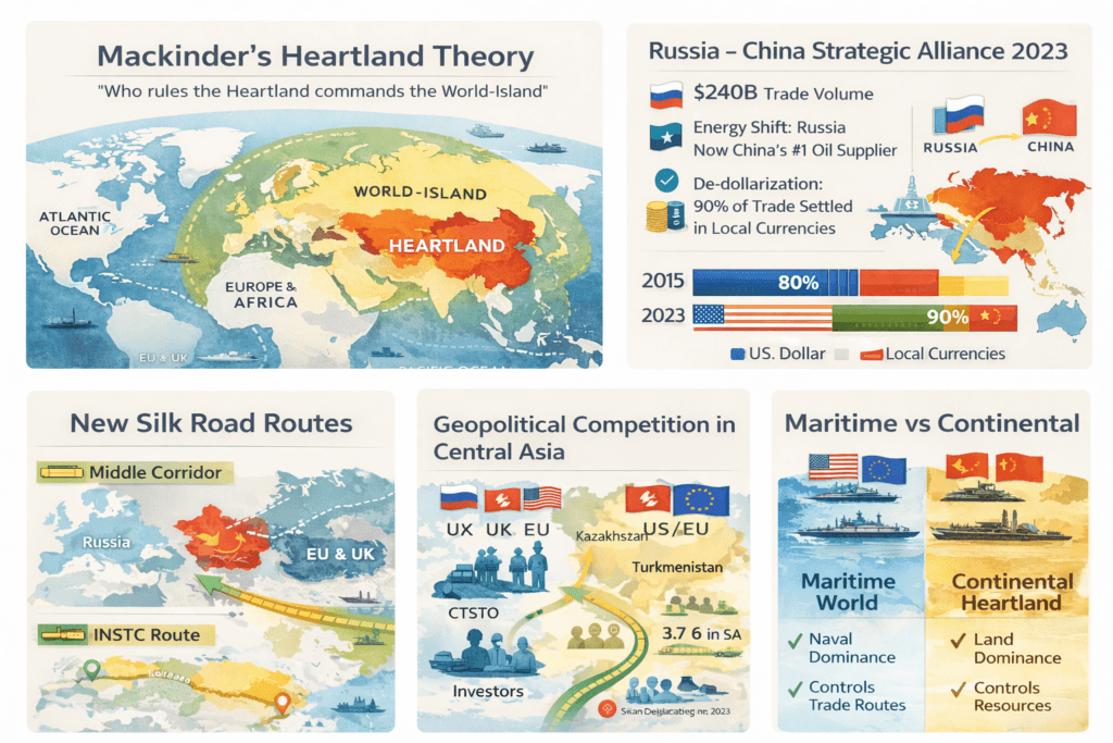 This infographic explains Mackinder’s famous geopolitical model: whoever controls the Heartland controls the World-Island — and possibly the world. Infographic map illustrating Mackinder’s Heartland Theory, showing the Heartland in red and the World-Island in yellow with surrounding maritime regions.