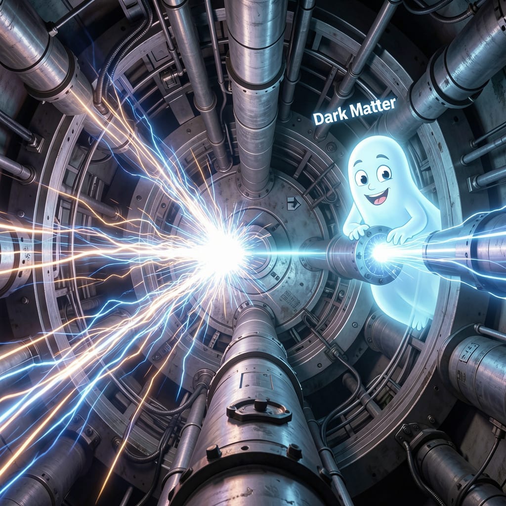 A cross-section of the LHC tunnel showing two proton beams racing toward each other, with a friendly cartoon ghost labeled ‘Dark Matter’ peeking from behind a pipe.